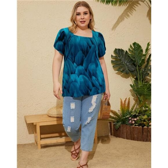 Women Short Sleeve Plus Size Tunics, Square Neck Tops Casual Loose Fit T Shirt - Picture 3 of 7
